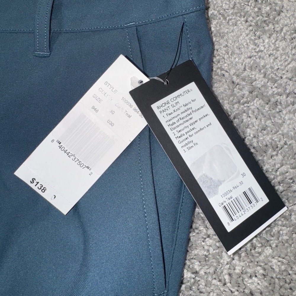 RHONE Commuter Pants Slim Fit Dark Teal Flex Knit Stretch Mens Size 30x33 NEW - Picture 4 of 9